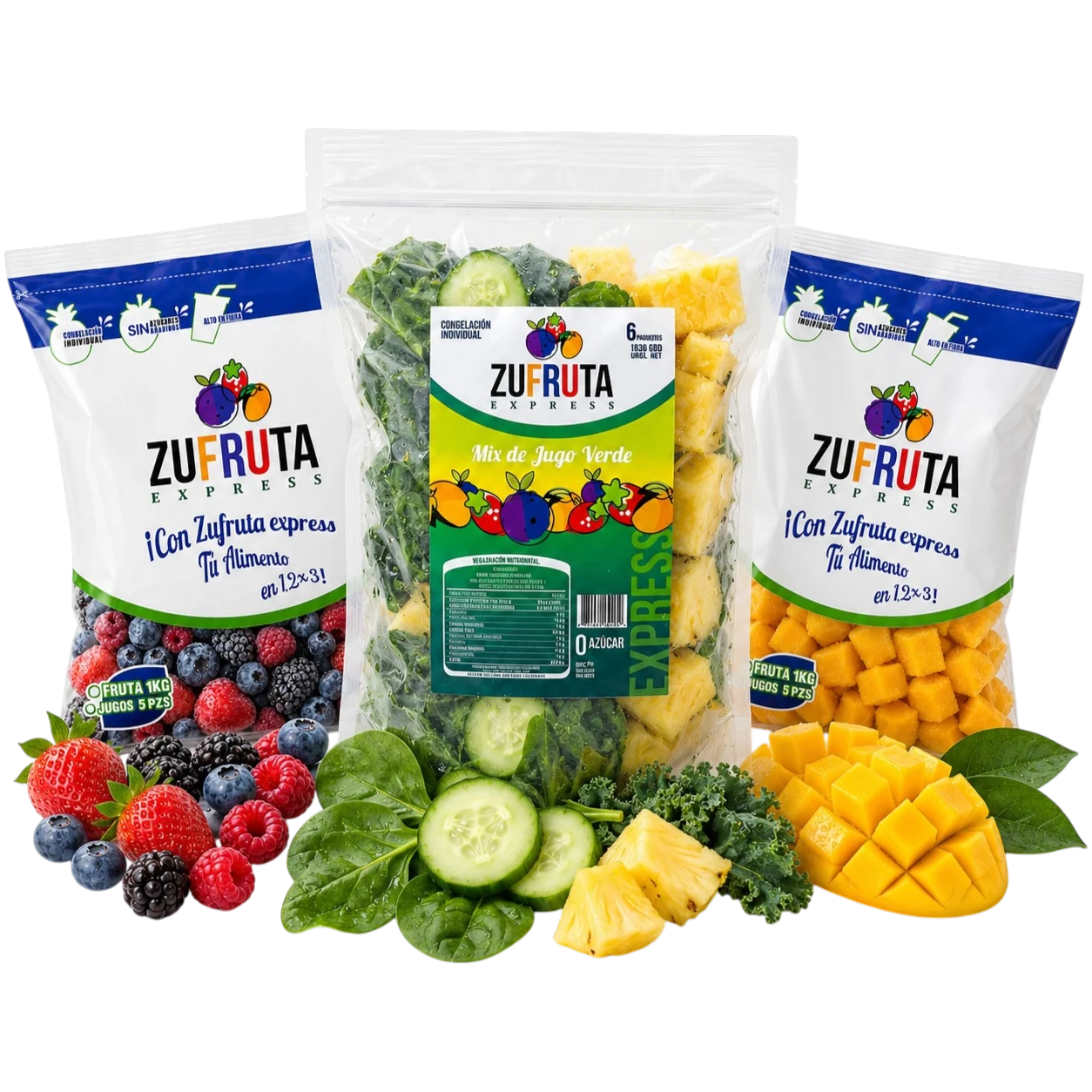 Línea de fruta congelada IQF Zufruta Express: mix de berries, jugo verde y mango en cubos