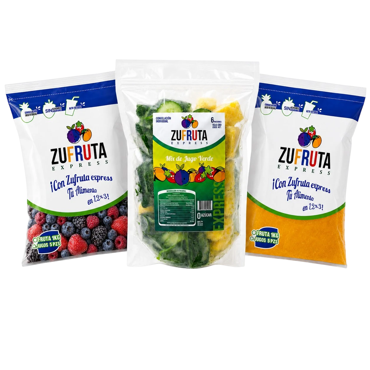 Bolsas de 1 kg de fruta congelada IQF y mix de jugo verde Zufruta Express: mix de berries, jugo verde con espinaca y piña, y pulpa de mango, fruta calidad exportación sin conservadores