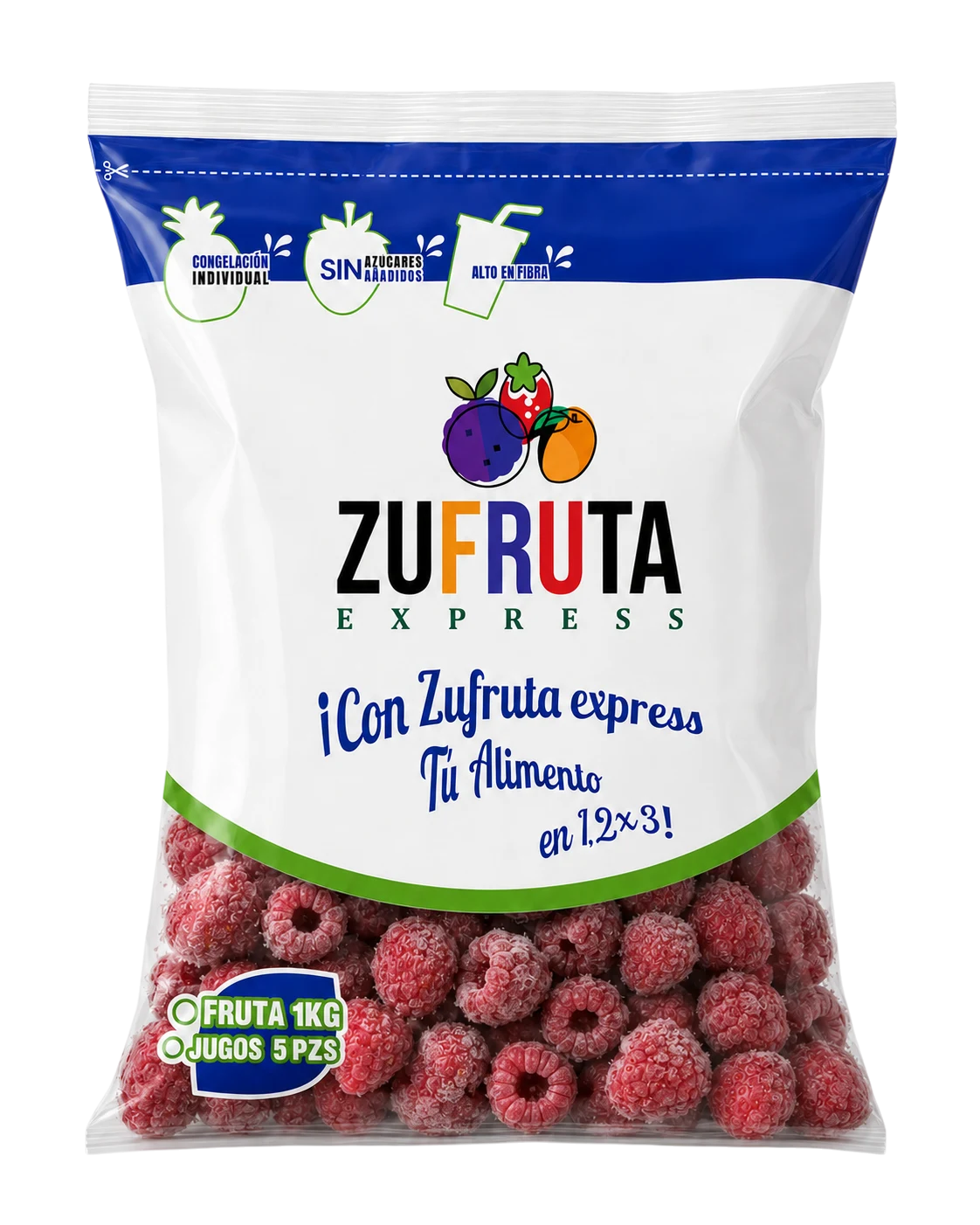 Bolsa de frambuesa congelada IQF Zufruta Express de 1 kg, sin azúcares añadidos
