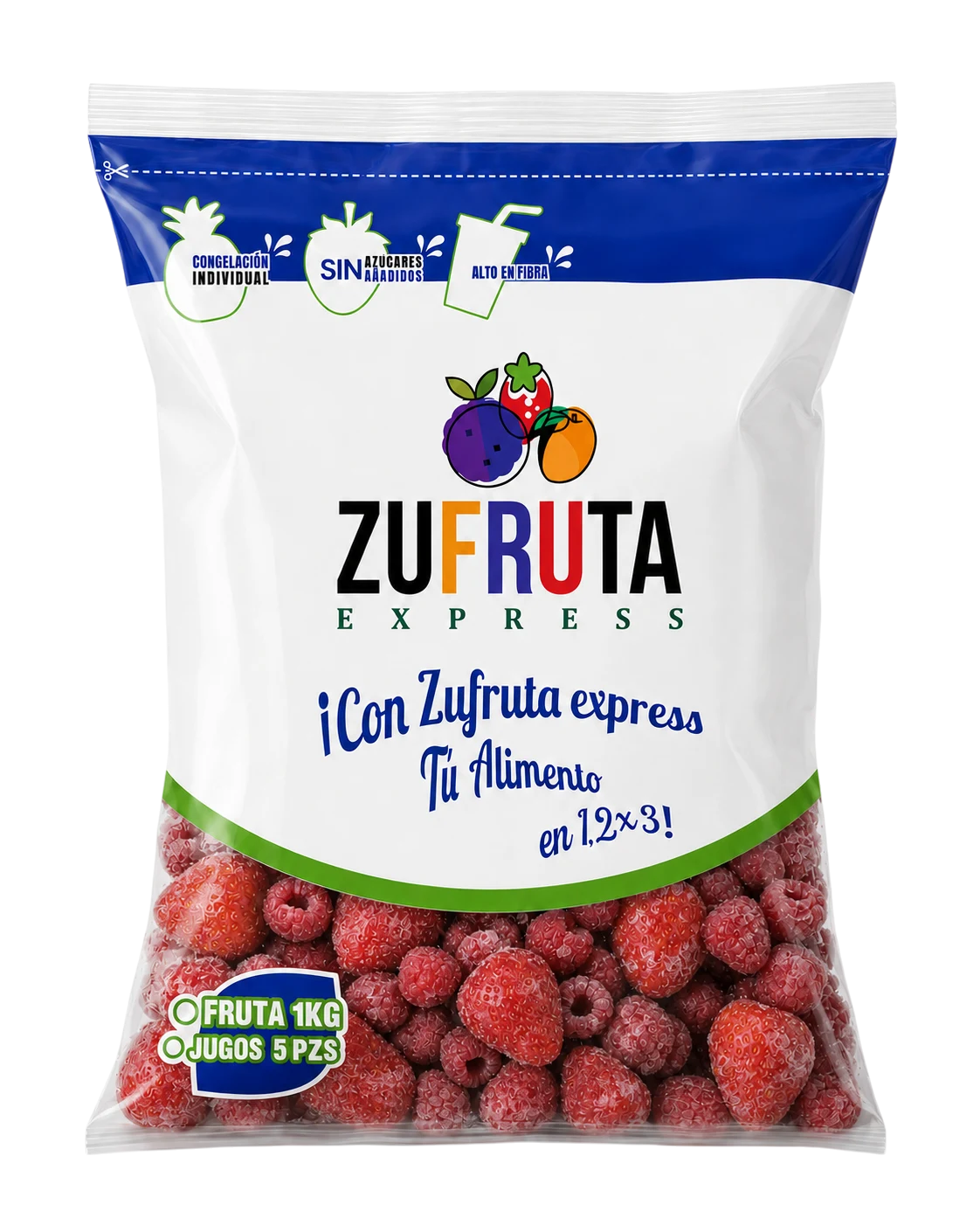 Bolsa de mezcla de fresa y frambuesa congeladas IQF Zufruta Express de 1 kg, sin azúcares añadidos