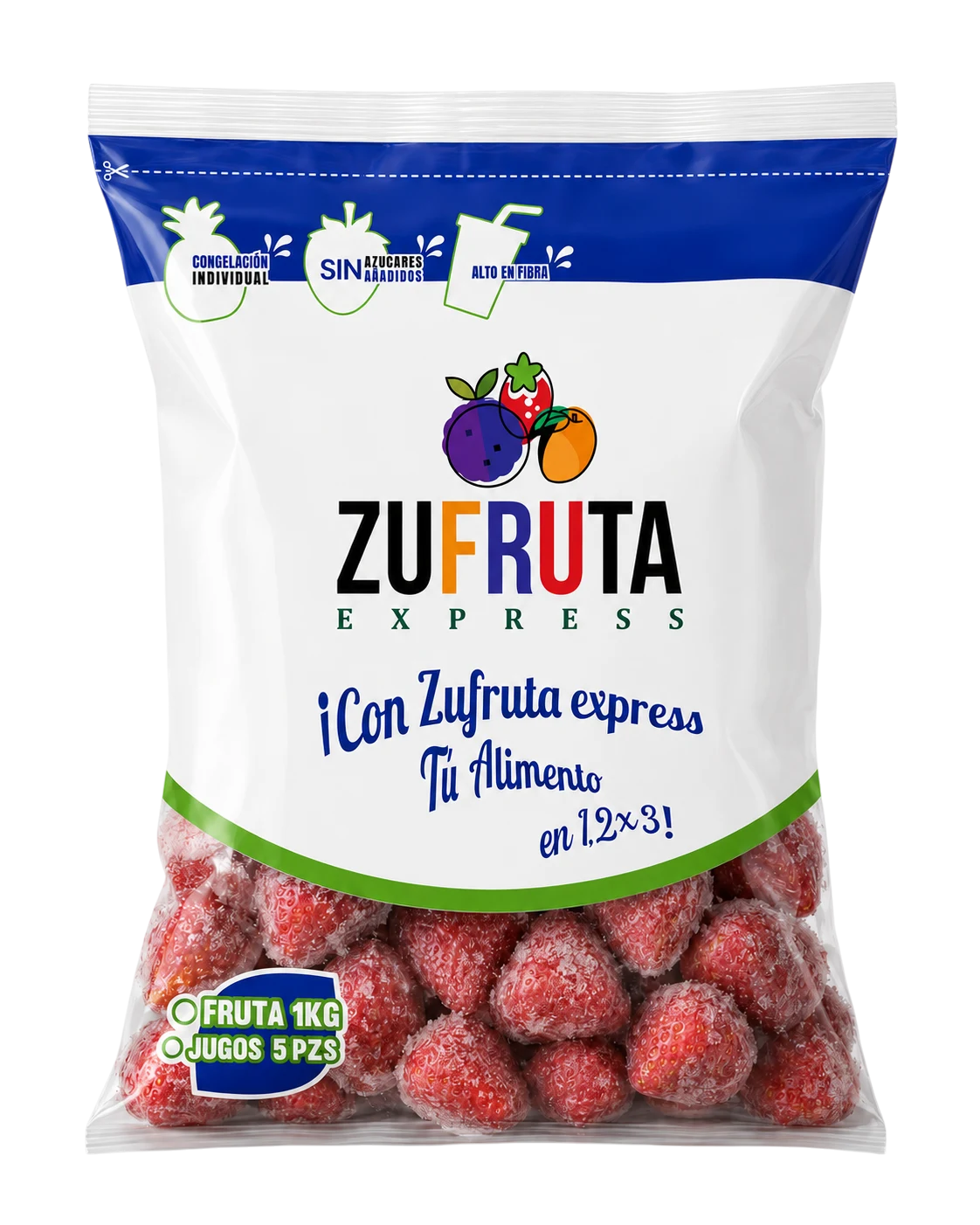Bolsa de fresa congelada IQF Zufruta Express de 1 kg, sin azúcares añadidos