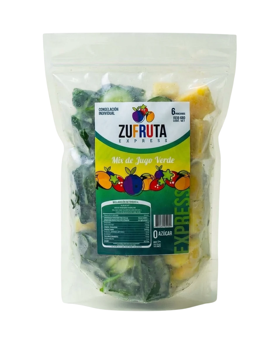 Bolsa de mix de jugo verde congelado IQF Zufruta Express: espinaca, piña, apio, pepino y nopal, sin azúcar