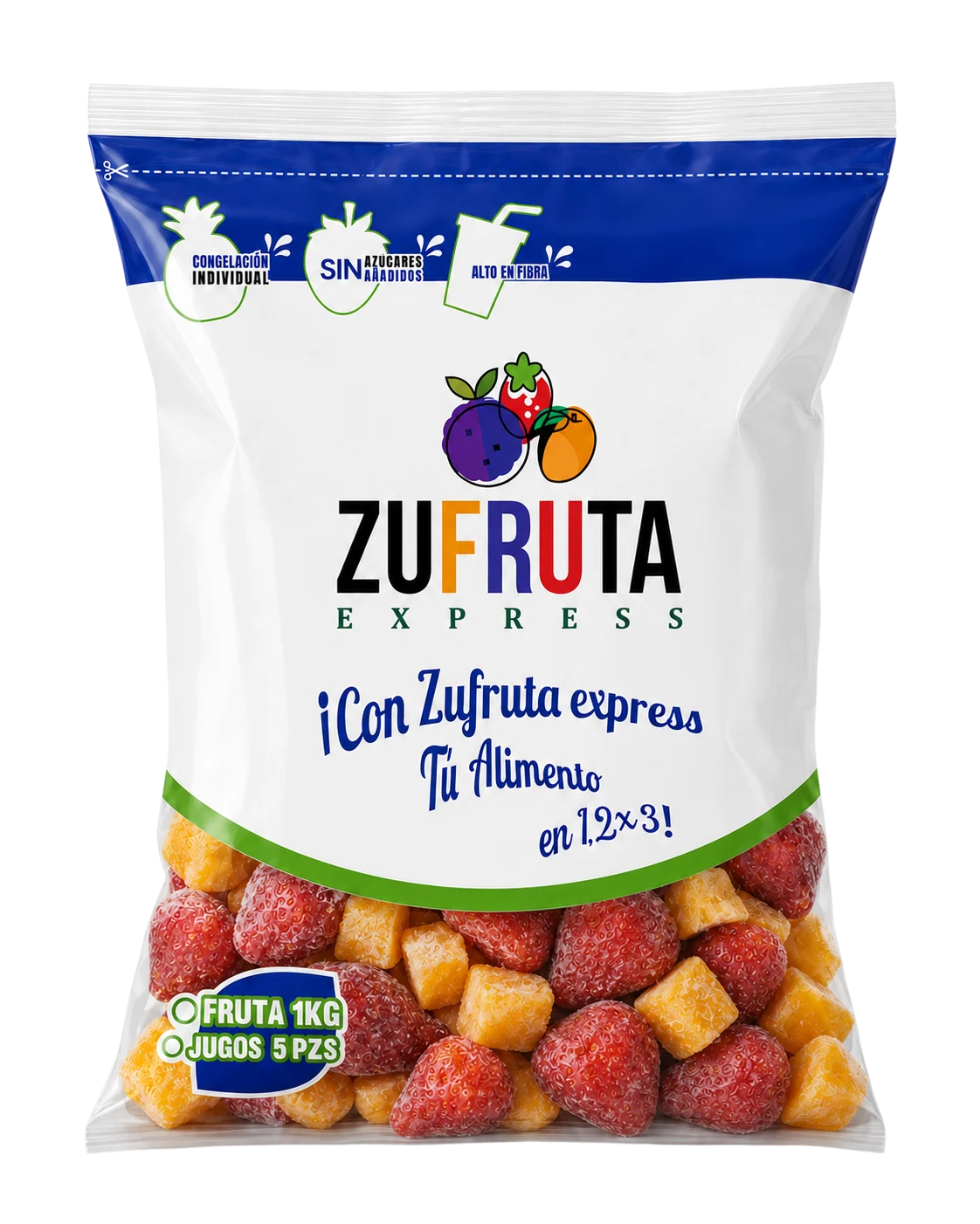 Bolsa de mezcla de mango y fresa congelados IQF Zufruta Express de 1 kg, sin azúcares añadidos