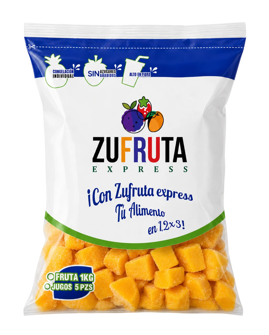 Bolsa de mango congelado IQF en cubos Zufruta Express de 1 kg, sin azúcares añadidos