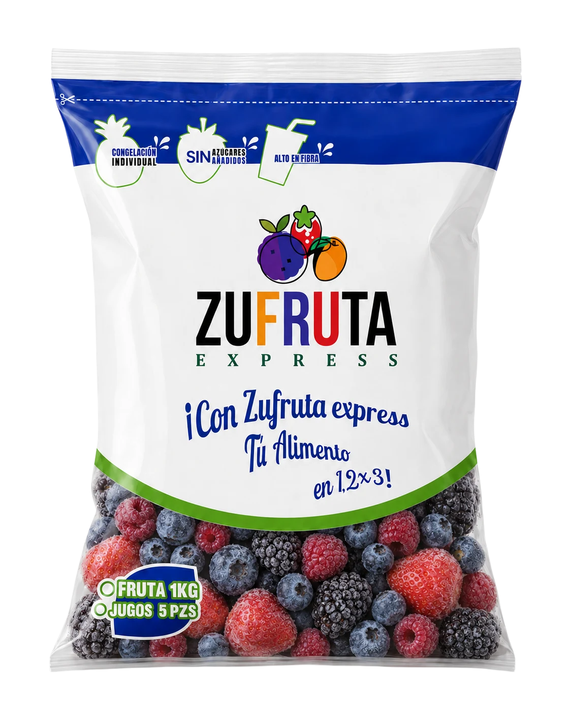 Bolsa de 1 kg de mix de berries congeladas IQF Zufruta Express: fresa, arándano, zarzamora y frambuesa, sin azúcares añadidos