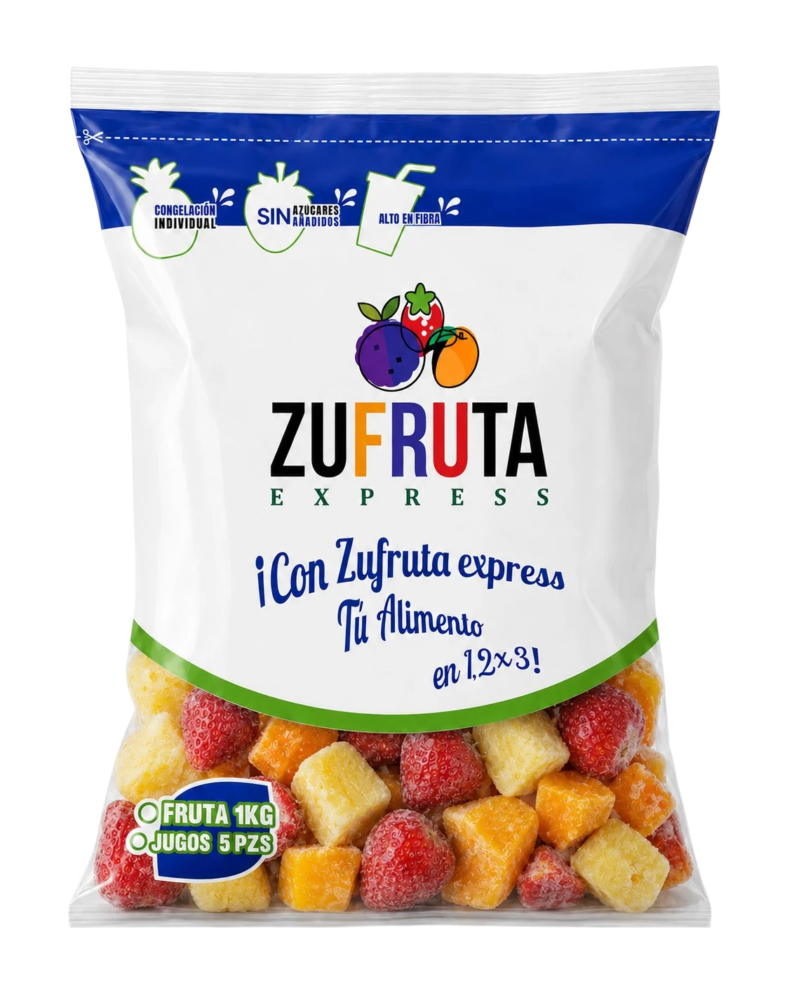 Bolsa de mezcla de piña, fresa y mango congelados IQF Zufruta Express de 1 kg, sin azúcares añadidos
