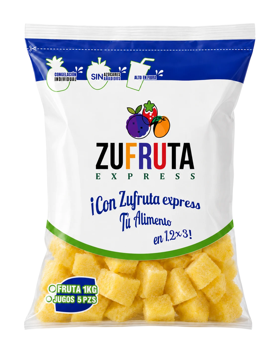 Bolsa de piña congelada IQF en cubos Zufruta Express de 1 kg