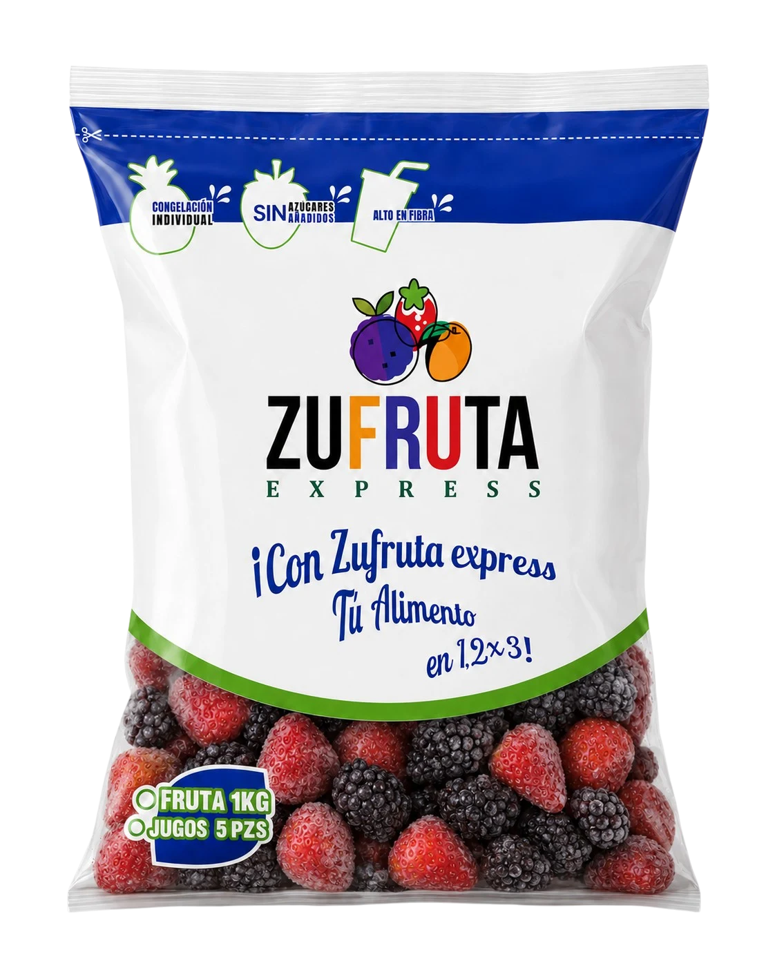 Bolsa de mezcla de zarzamora y fresa congeladas IQF Zufruta Express de 1 kg, sin azúcares añadidos