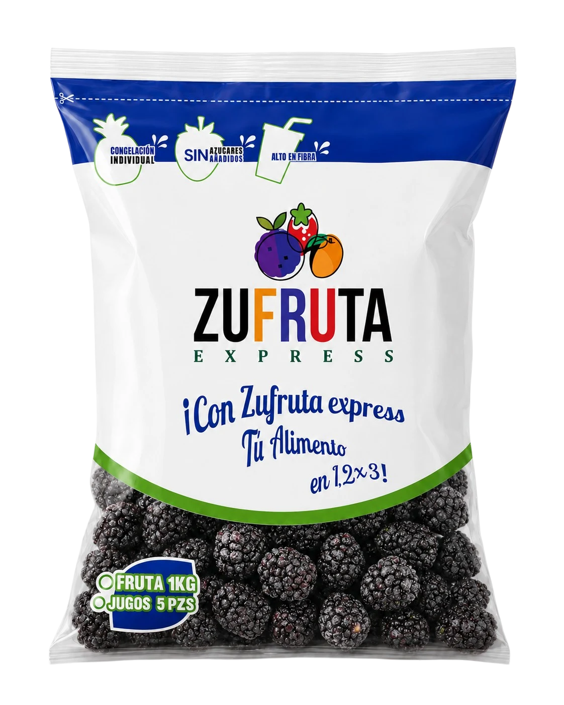 Bolsa de zarzamora congelada IQF Zufruta Express de 1 kg, sin azúcares añadidos