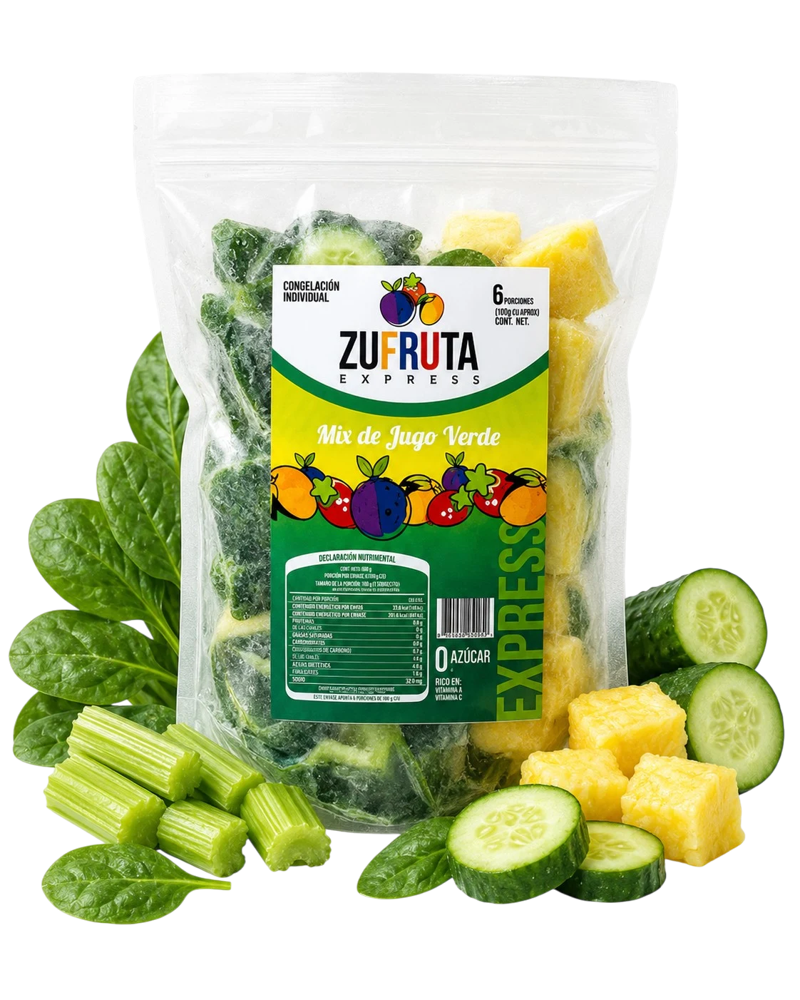 Bolsa de Mix Jugo Verde congelado IQF Zufruta Express: espinaca, piña, apio, pepino y nopal