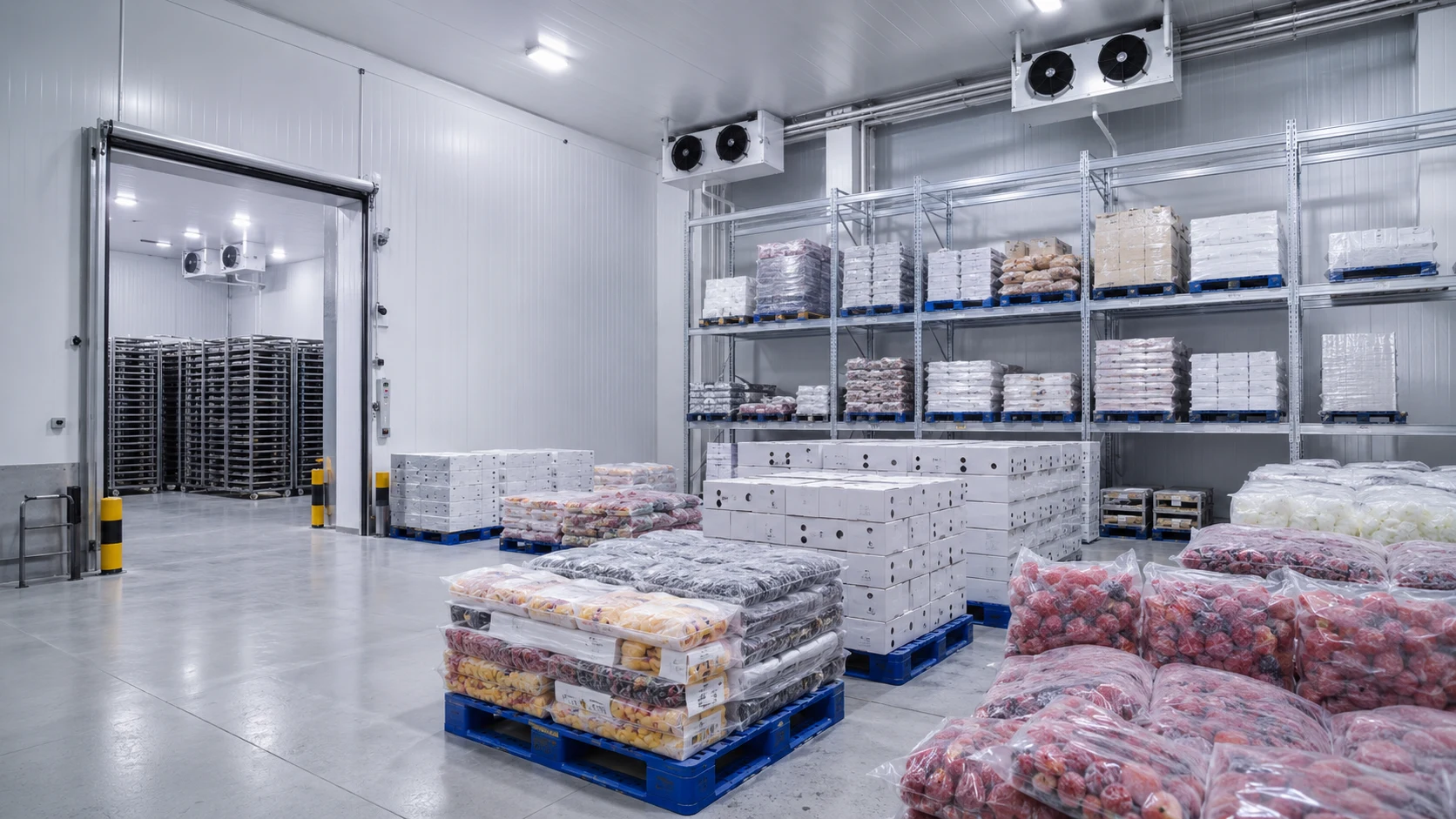 Planta y cámaras de ultra congelación de fruta IQF de Zufruta Express en Zapotiltic, Jalisco: fruta congelada estibada en tarimas con cadena de frío