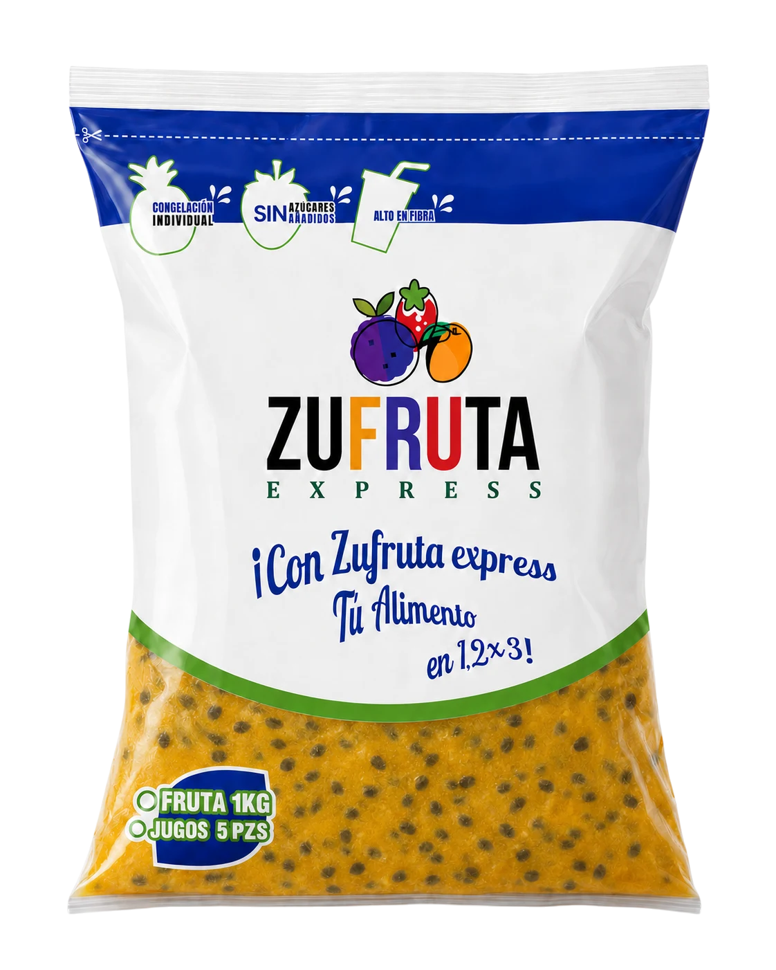 Bolsa de pulpa de maracuyá natural Zufruta Express de 1 kg, sin azúcares añadidos