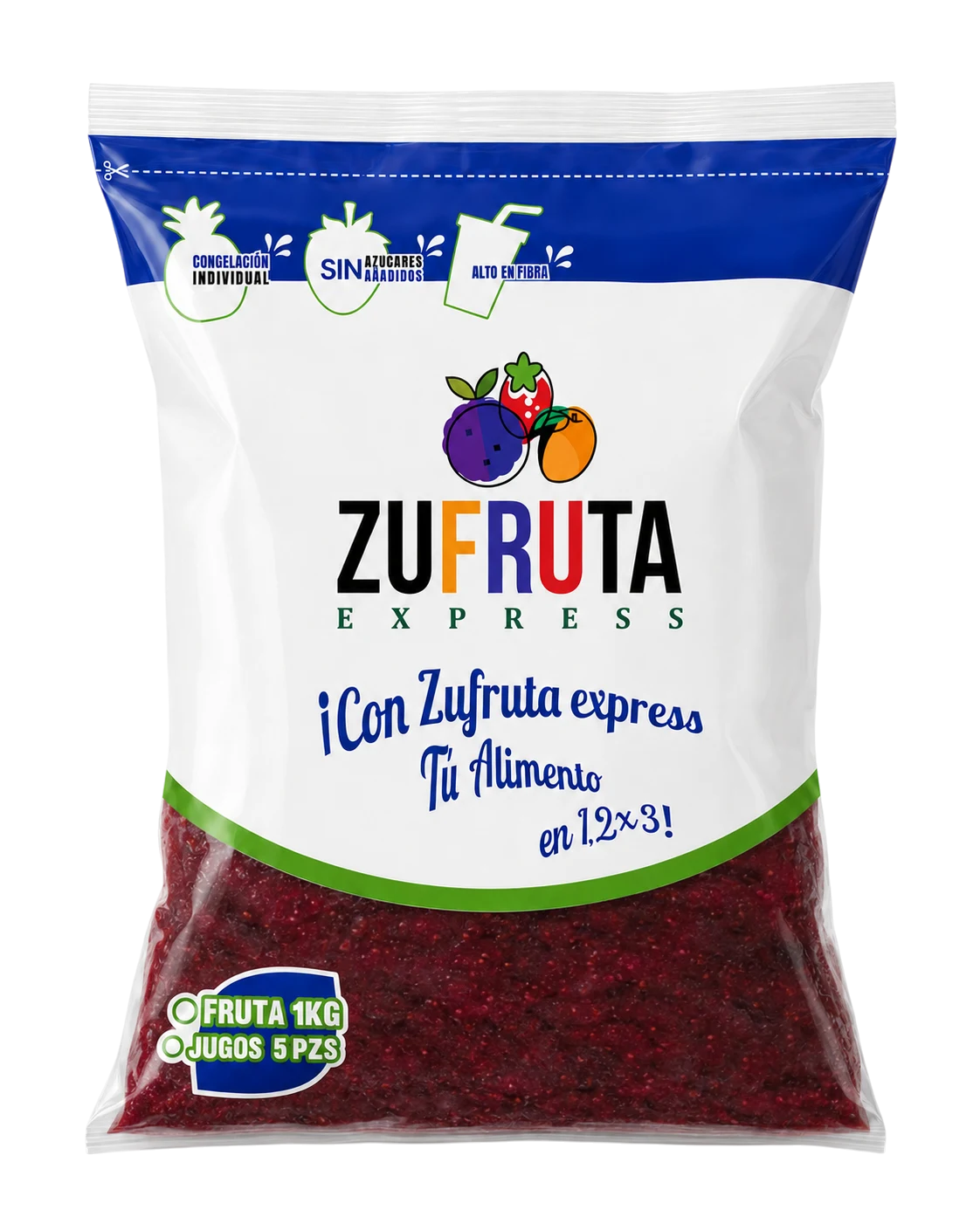 Bolsa de 1 kg de pulpa de mix de berries natural Zufruta Express, sin azúcares añadidos