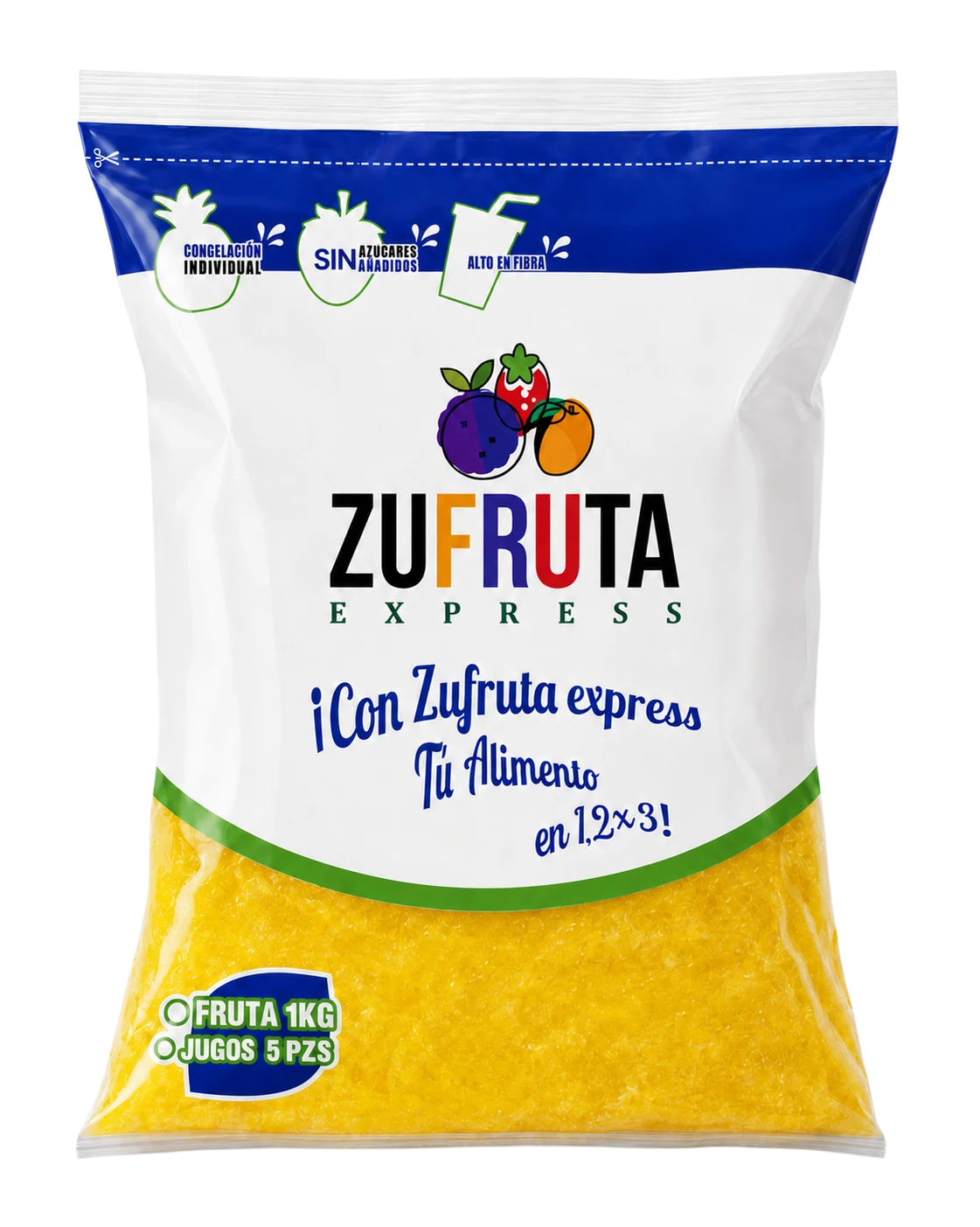 Bolsa de pulpa de piña natural Zufruta Express de 1 kg, sin azúcares añadidos