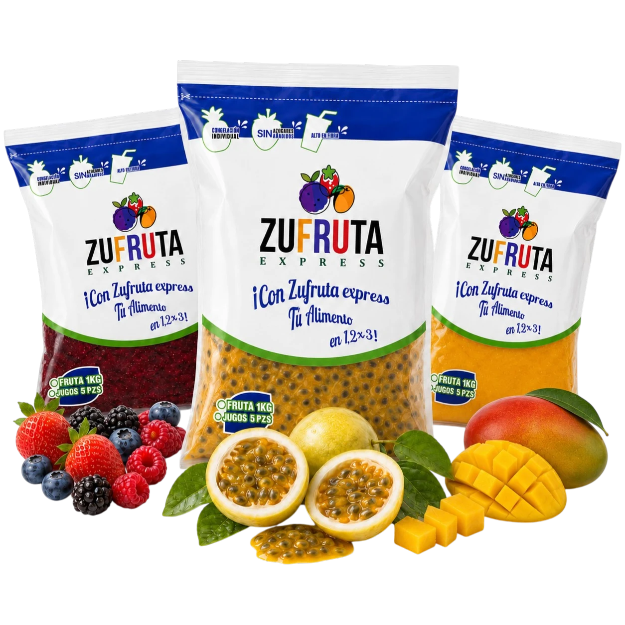 Bolsas de pulpa de fruta Zufruta Express: mix de berries, maracuyá y mango