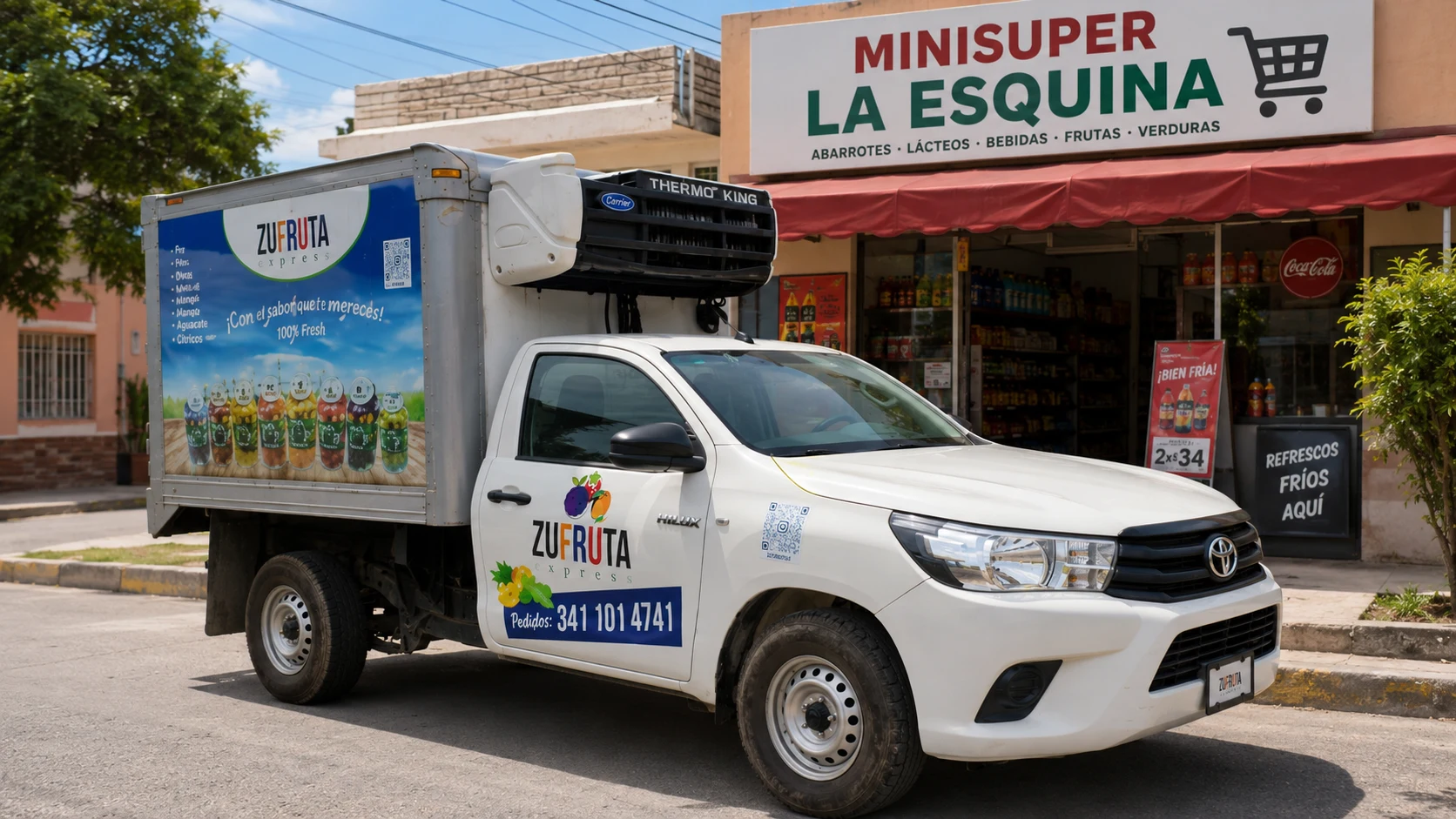 Unidad de reparto refrigerada rotulada de Zufruta Express entregando fruta congelada IQF en frío a un minisúper