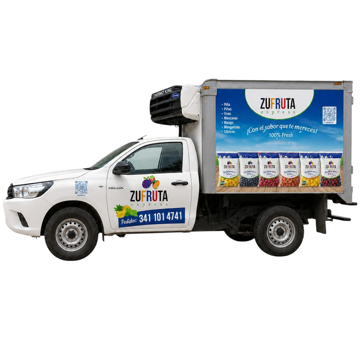 Camión de reparto refrigerado rotulado de Zufruta Express con fruta congelada IQF